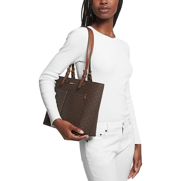 New Michael Kors Jet Set Travel Medium Double Pocket Logo Tote Brown - Picture 2 of 3